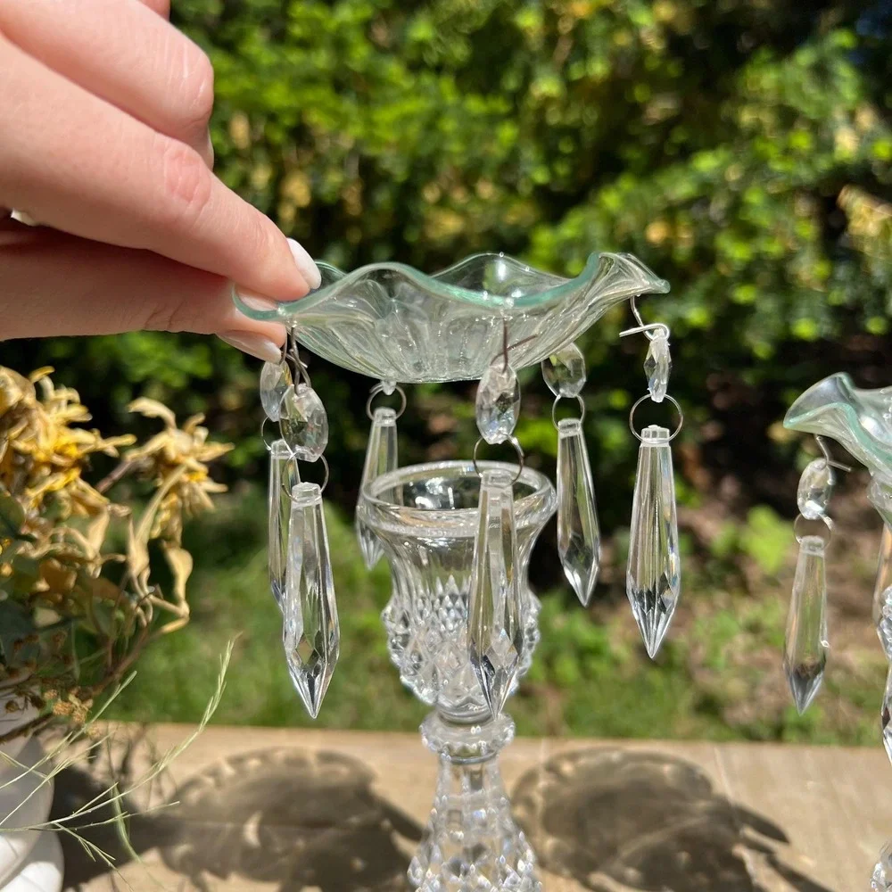 Pair of Glass Candle Holders w/ Hanging Crystals